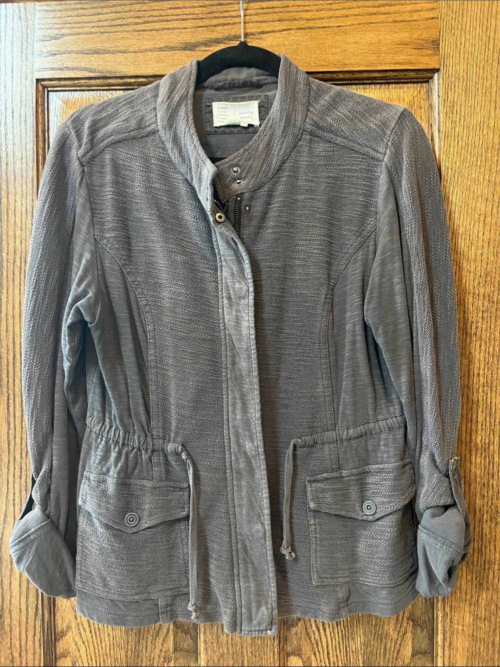 Women's Gray Utility Jacket with Cinch Waist and Front Flap Pockets